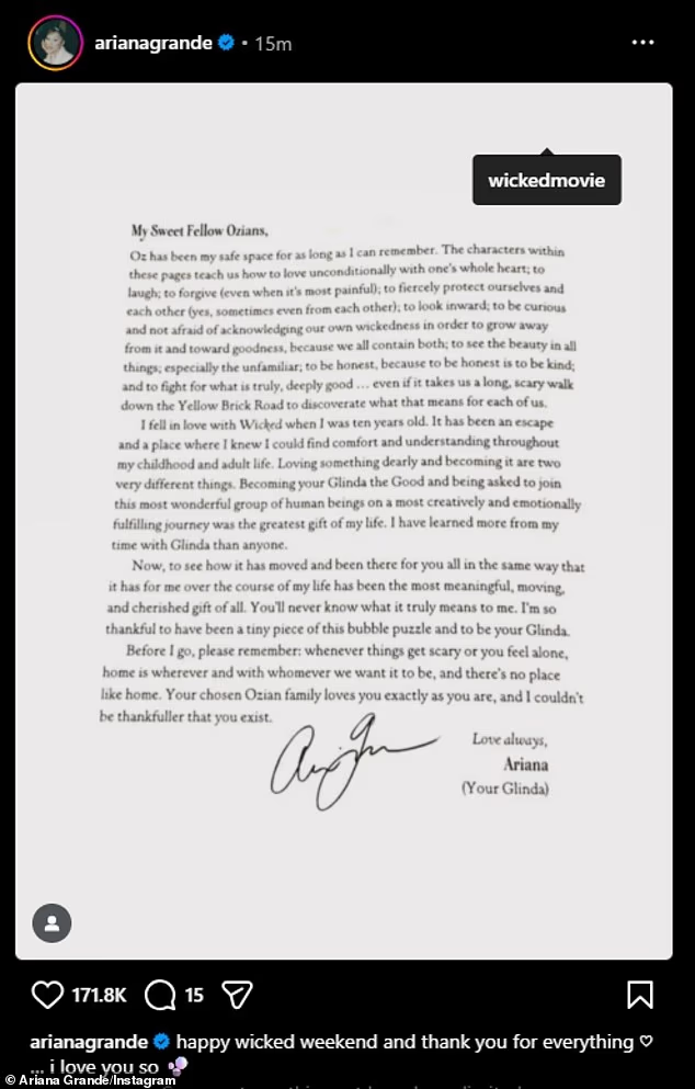 Ariana Grande Wicked farewell letter